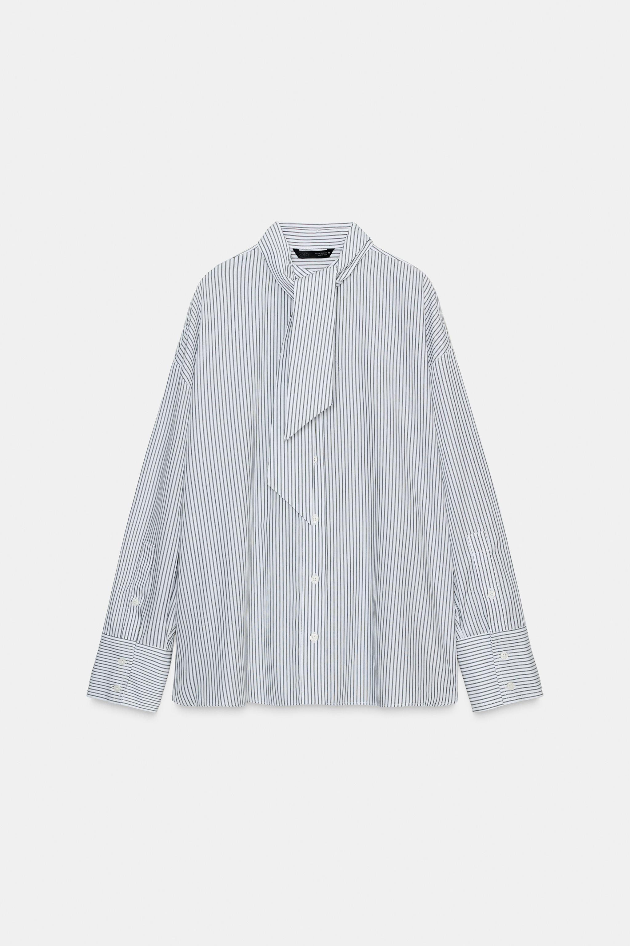 STRIPED POPLIN SHIRT WITH SCARF DETAIL